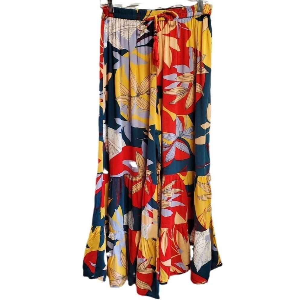 True Destinations Red Blue yellow tropical Palazzo Tiered Ruffle Resort Pants XL
